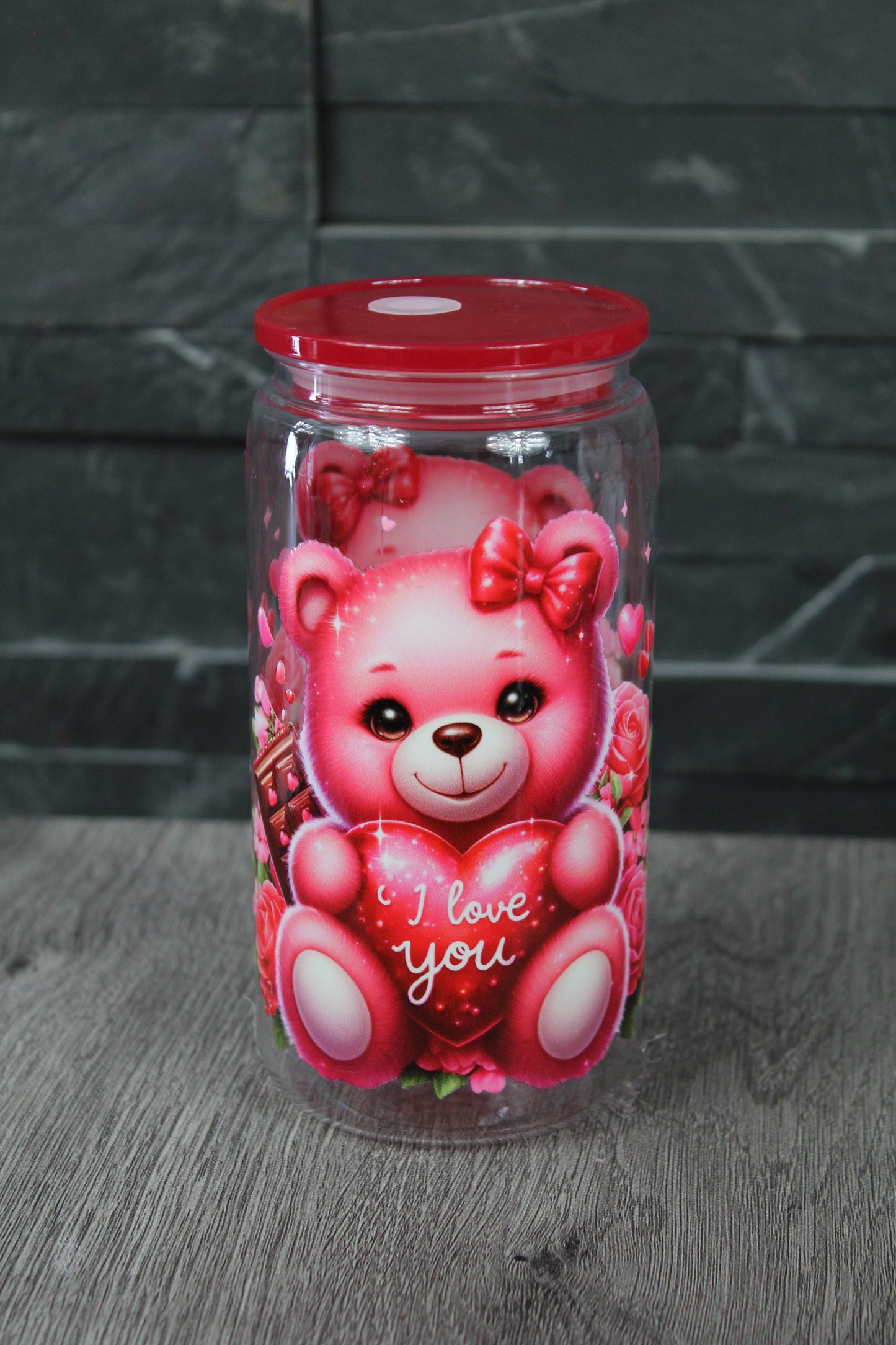 Verre Canette 16 oz – Ourson “I Love You” | Couvercle + paille
