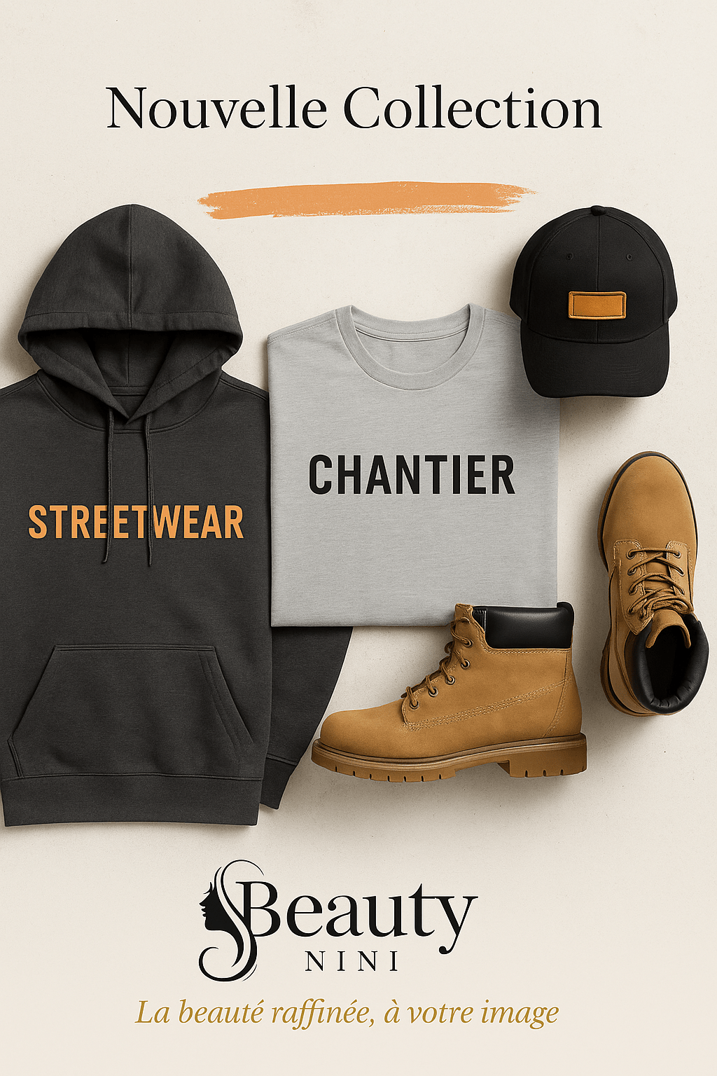 Hoodie, t-shirt, casquette et bottes style chantier, palette neutre – Collection streetwear/chantier