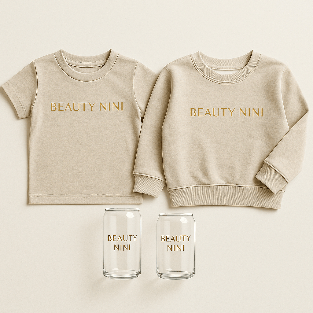 MDuo assorti enfant : t-shirt/crewneck beige et verres 16 oz coordonnés – Collection matching set