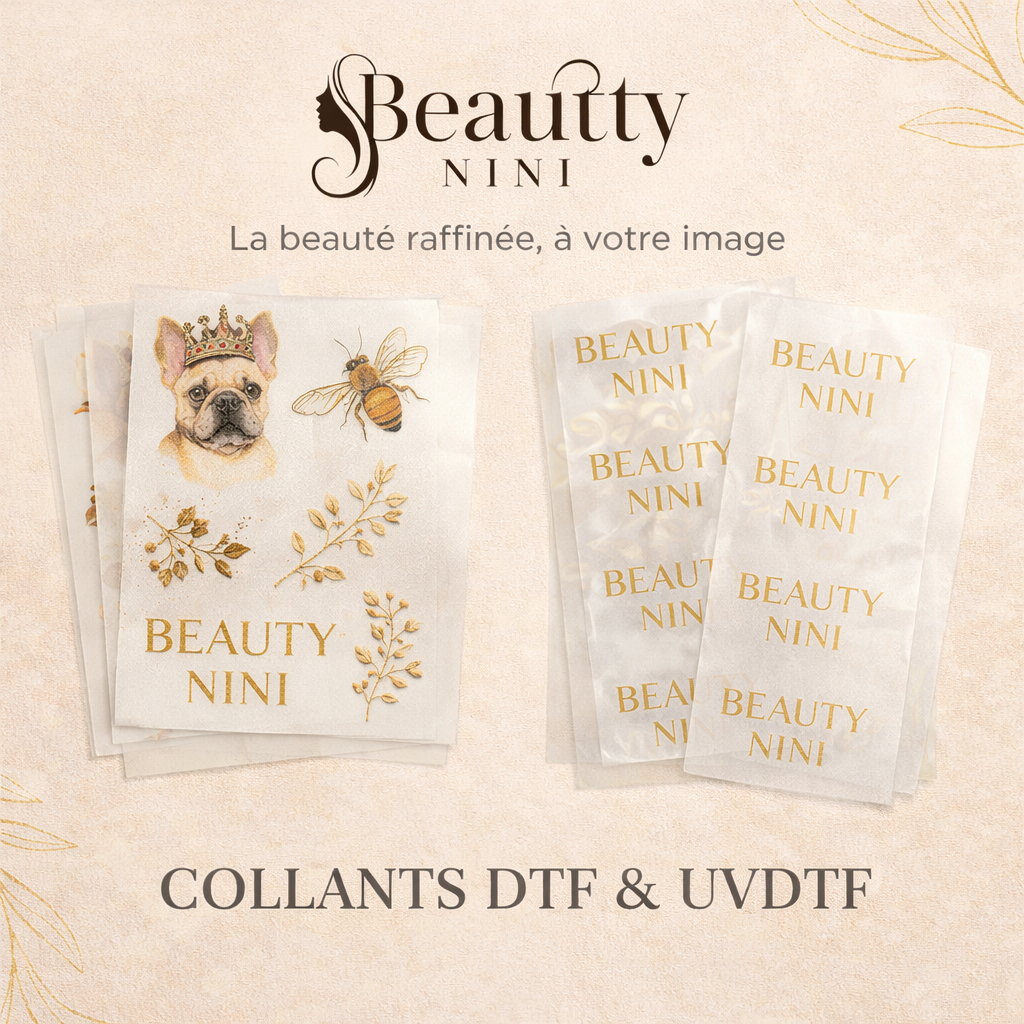 Feuilles DTF et UVDTF prêtes à poser avec logos Beauty Nini – Collection collants et transferts