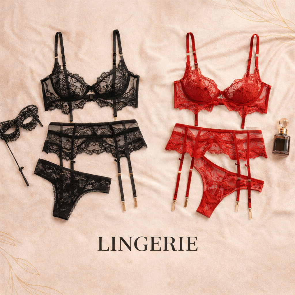 Ensembles lingerie en dentelle noire et rouge sur fond satiné – Collection lingerie Beauty Nini