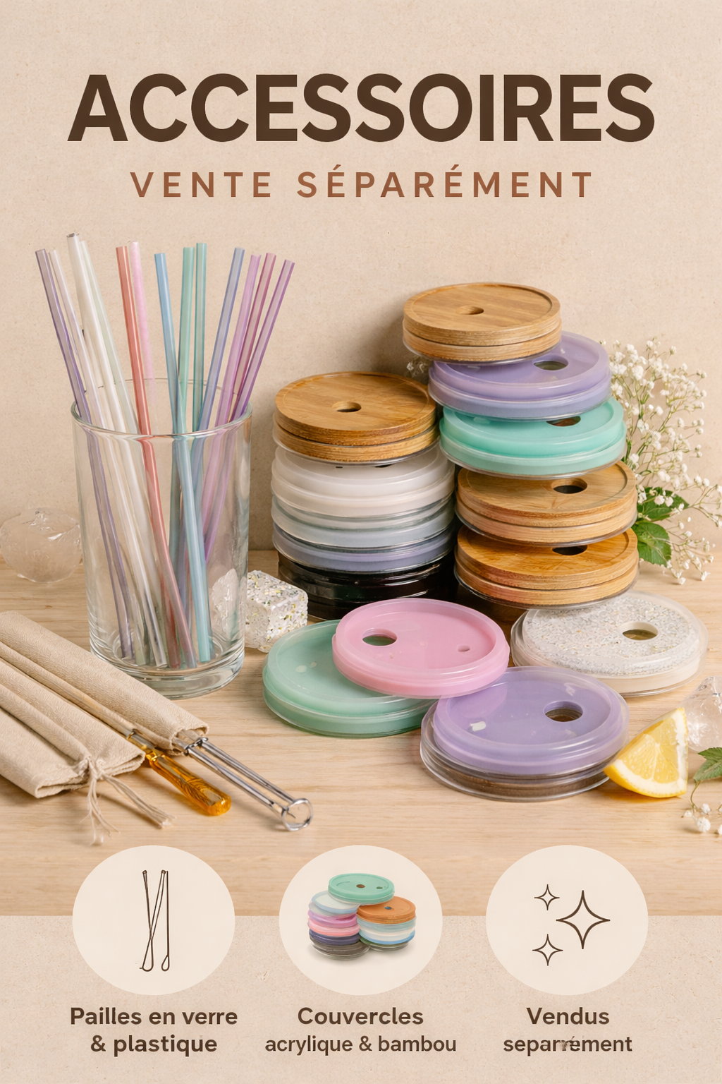 “Collection Accessoires Beauty Nini – pailles en verre et plastique, couvercles bambou et acrylique vendus séparément”