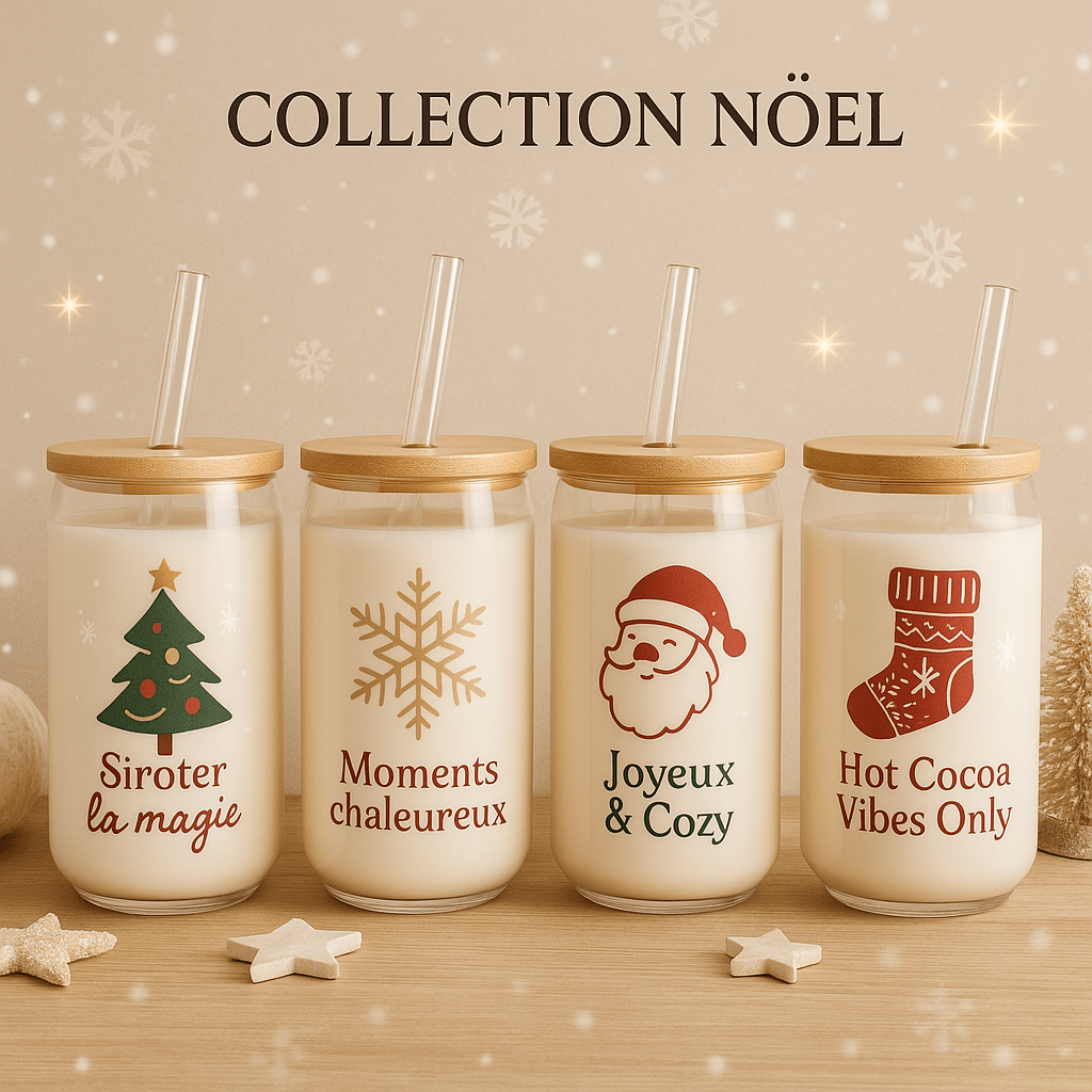 Collection Noël Beauty Nini – verres 16 oz festifs avec sapin, flocon et messages cozy”