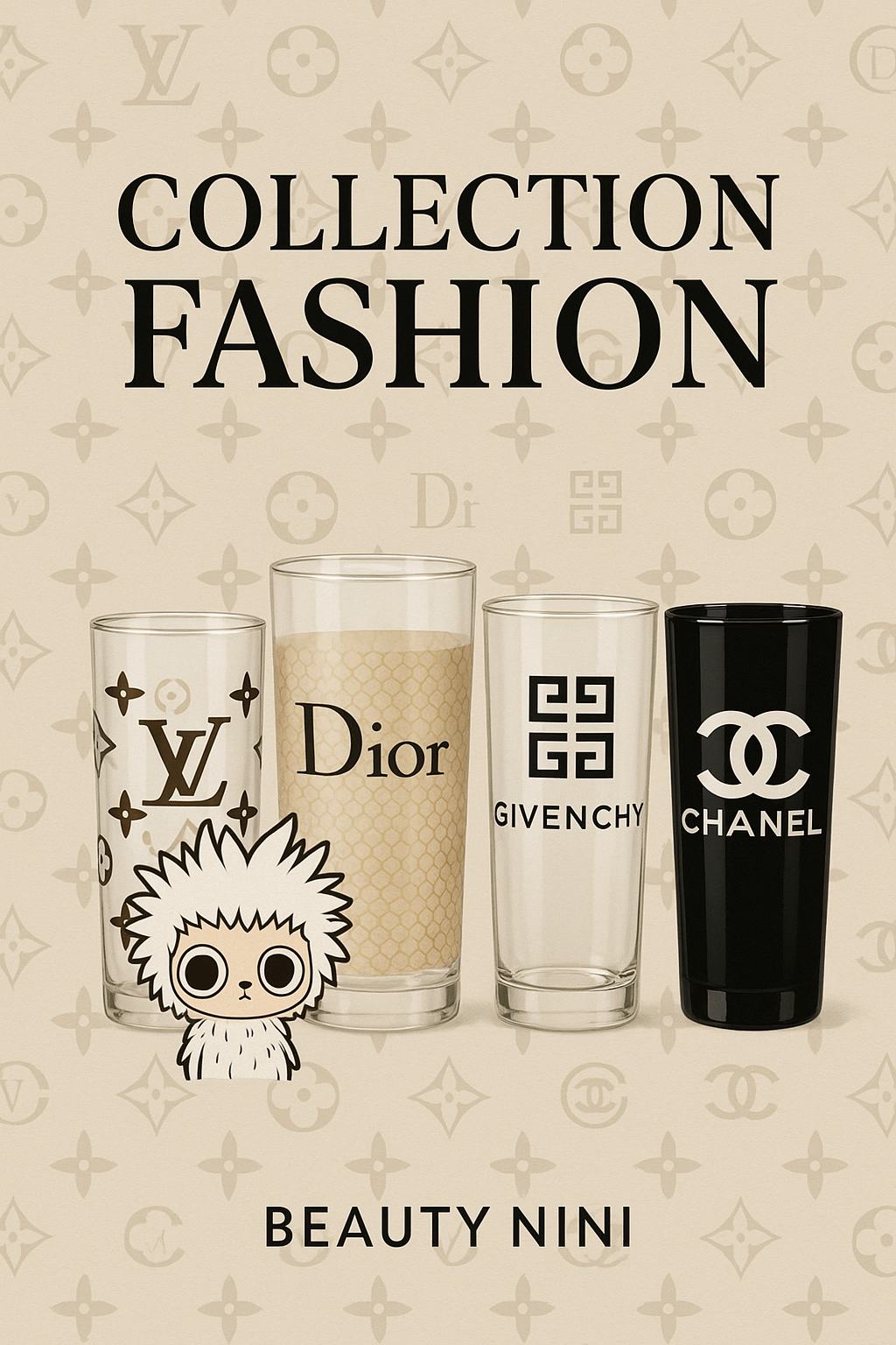 “Collection Fashion Beauty Nini – verres 16 oz style haute couture sur étagère bois”