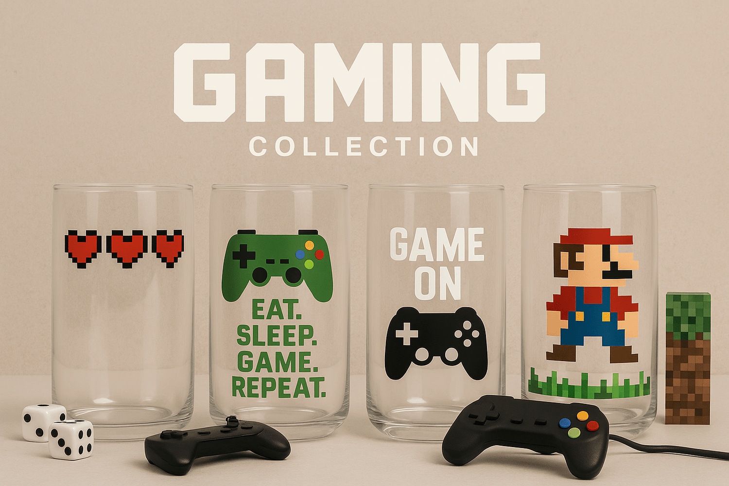Collection Gaming Beauty Nini – verres 16 oz designs pixel et manettes”