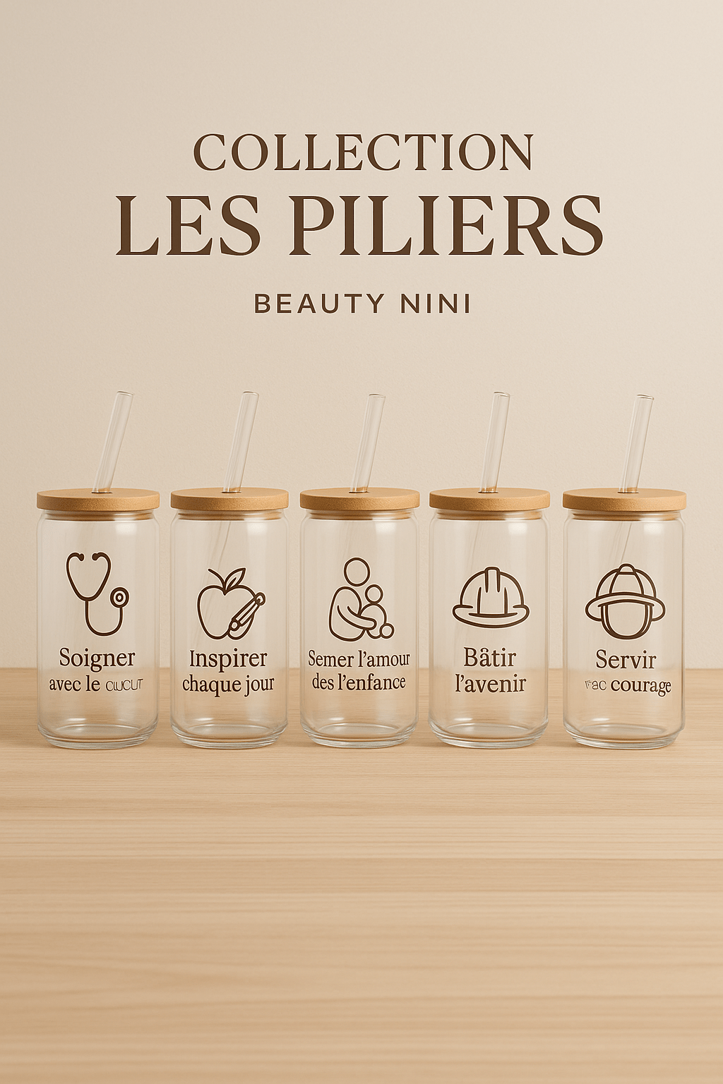 “Collection Les Piliers Beauty Nini – 5 verres 16 oz avec symboles métiers et messages”