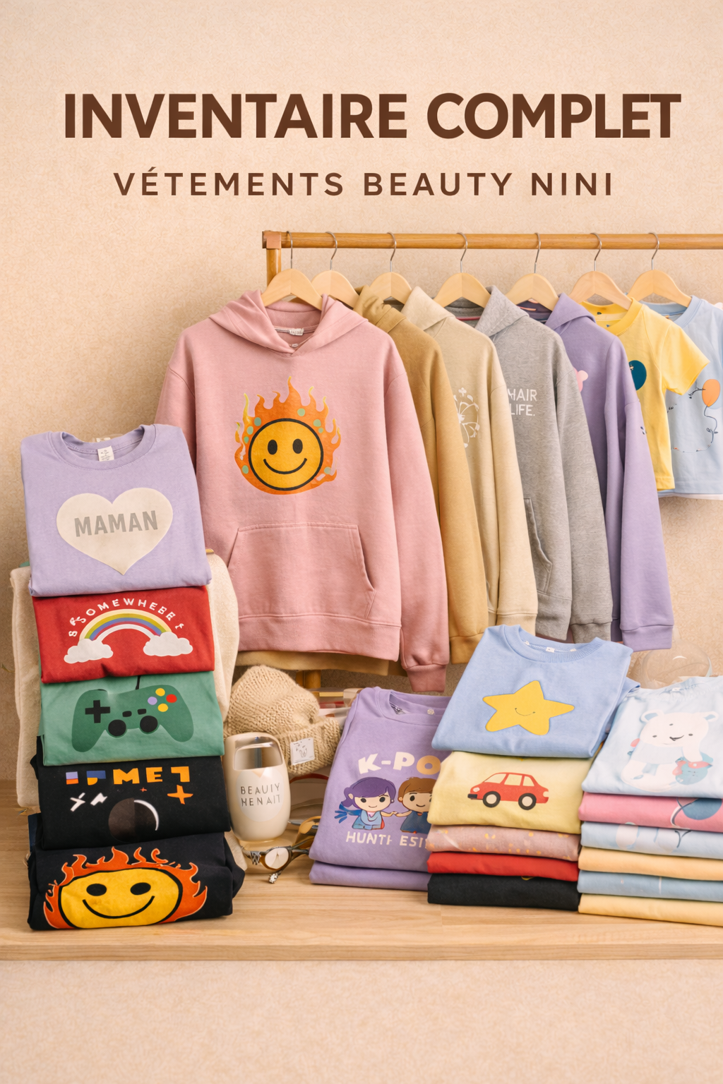 “Inventaire complet vêtements Beauty Nini – hoodies, crewnecks et t-shirts pour adultes et enfants sur portant”