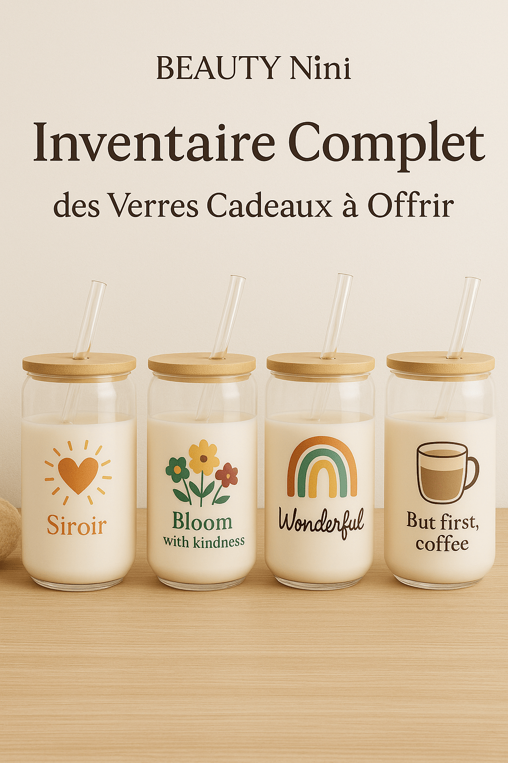 “Inventaire complet Beauty Nini – sélection de verres cadeaux 16 oz sur étagère bois”