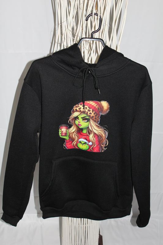 Vue complète hoodie femme noir capuche avec imprimé Noël style hiver