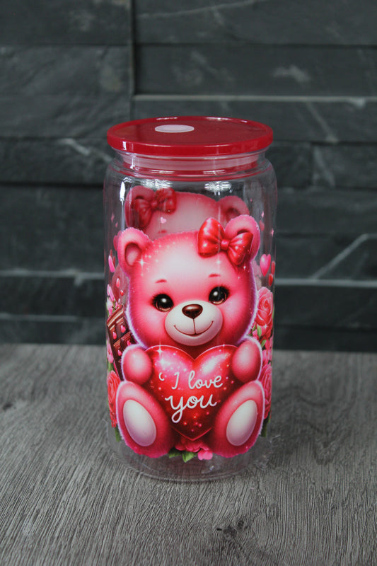 Verre Canette 16 oz – Ourson “I Love You” | Couvercle + paille