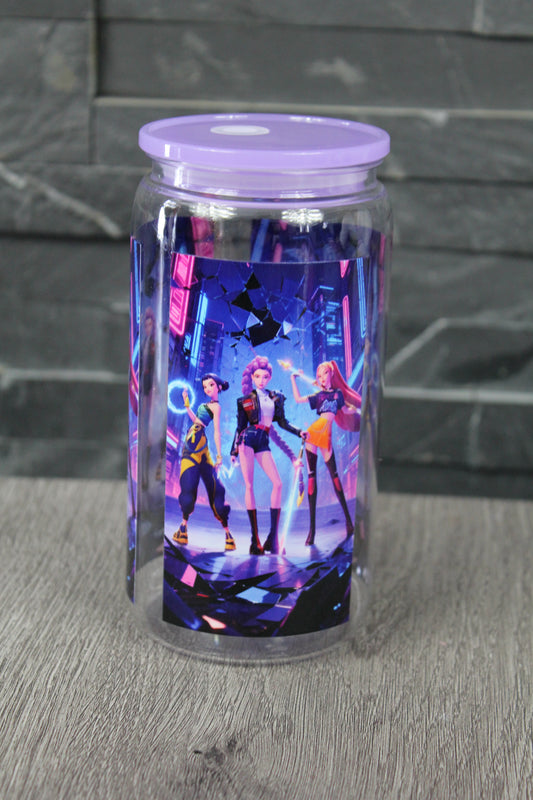Verre canette 16 oz style K-Pop néon violet et bleu avec couvercle mauve, couvercle et paille inclus.