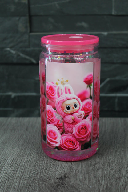 Verre Snowglobe Plastique – Lapin Love & Roses (Rose/Violet Holo) | 16 oz / 20 oz