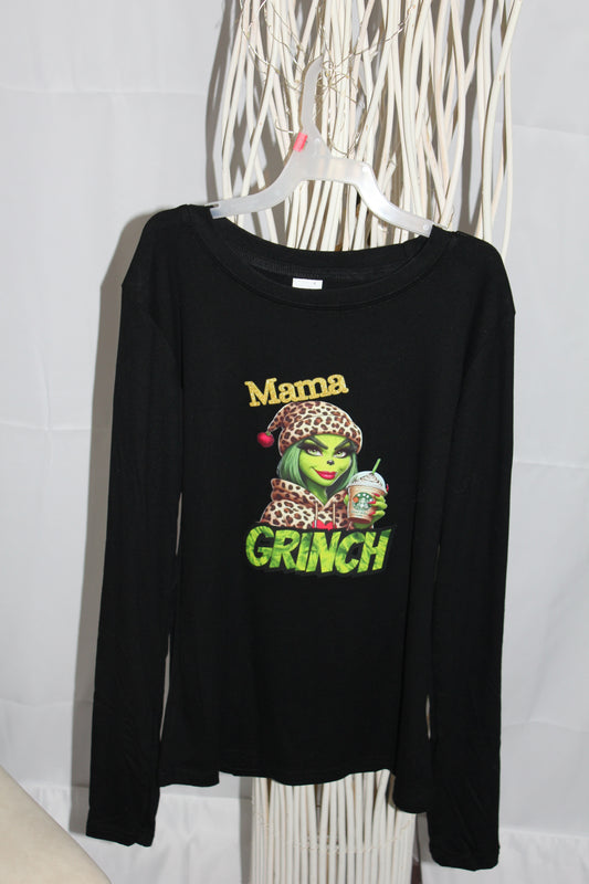 Chandail noir femme manches longues avec texte “Mama” brillant et visuel festif style léopard