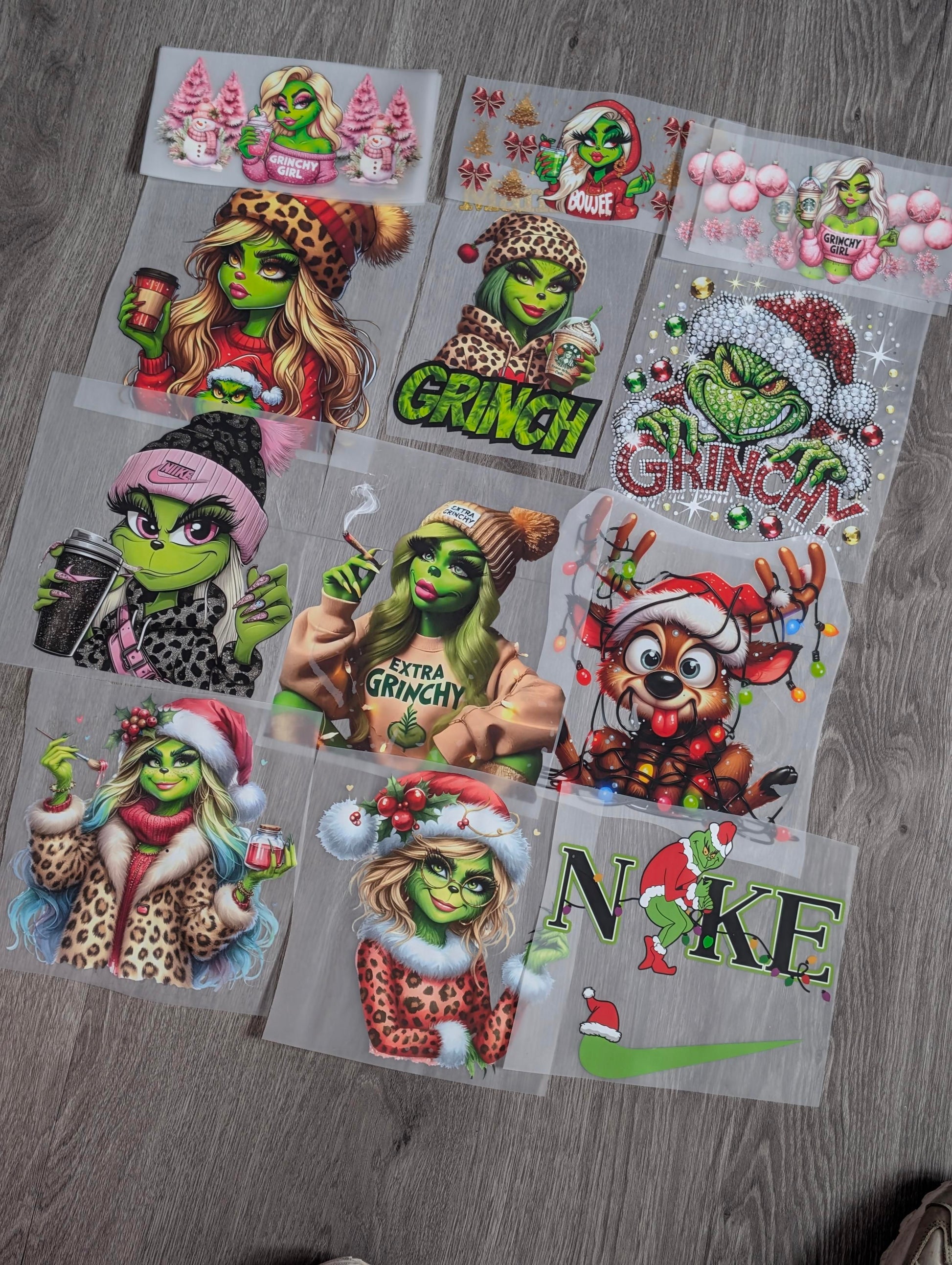 Aperçu global des transferts DTF thème Noël vert – modèles variés – vente à l’unité (choix du motif #1 à #12)