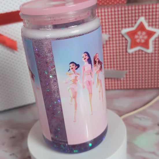 Verre Snowglobe plastique trio pop pastel 16 oz, paillettes violet/lavande holo, couvercle rose – Beauty Nini