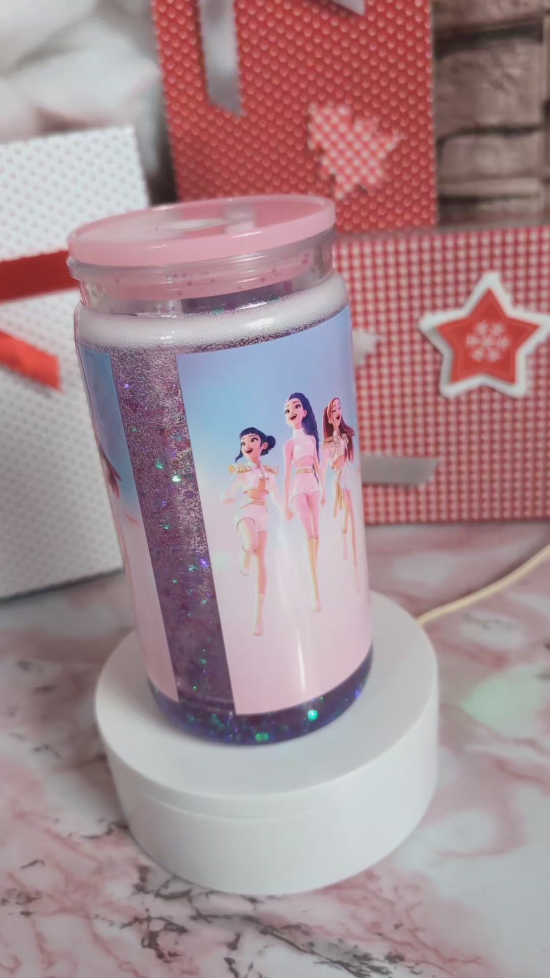 Verre Snowglobe plastique trio pop pastel 16 oz, paillettes violet/lavande holo, couvercle rose – Beauty Nini