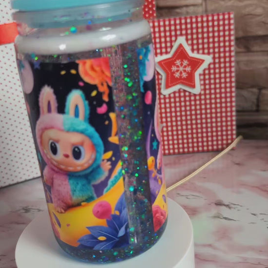 Verre Snowglobe plastique monstre kawaii lapin galaxie 16 oz, paillettes noir holo vert/bleu, couvercle turquoise – Beauty Nini