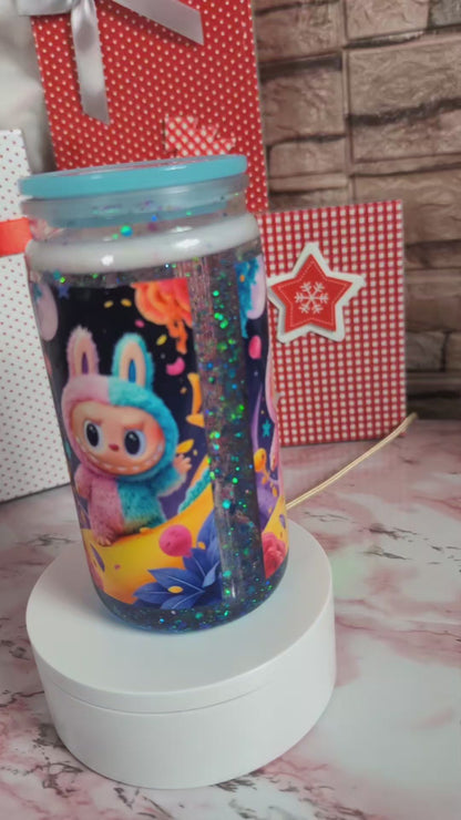 Verre Snowglobe plastique monstre kawaii lapin galaxie 16 oz, paillettes noir holo vert/bleu, couvercle turquoise – Beauty Nini