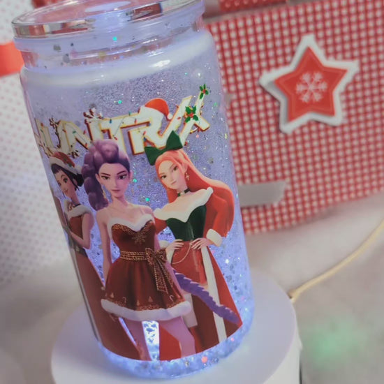 Verre Snowglobe plastique HUNTRIX Noël 16 oz, paillettes bleu glacé holographiques, couvercle transparent