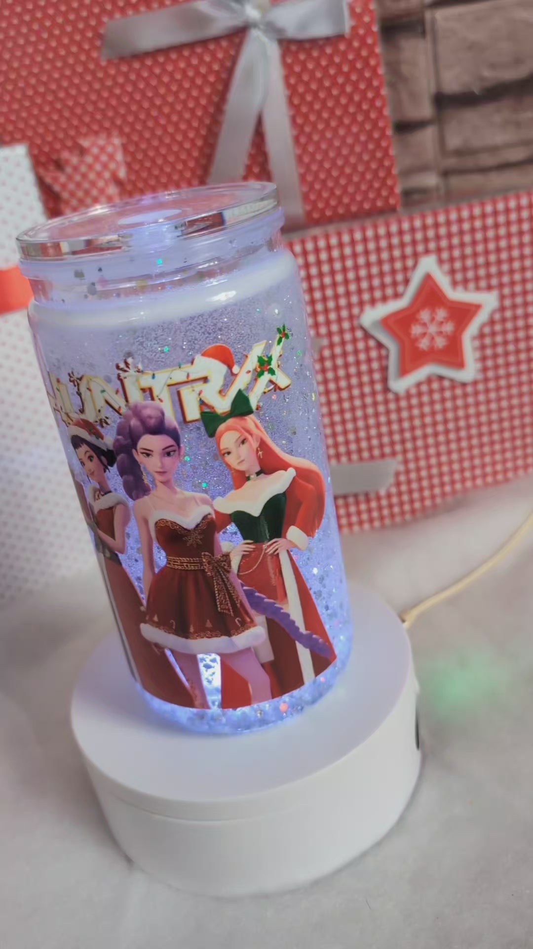 Verre Snowglobe plastique HUNTRIX Noël 16 oz, paillettes bleu glacé holographiques, couvercle transparent