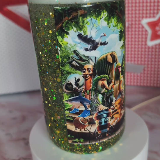 Verre Snowglobe plastique animaux jungle & savane 16 oz, paillettes vert holo doré, couvercle bambou – Beauty Nini