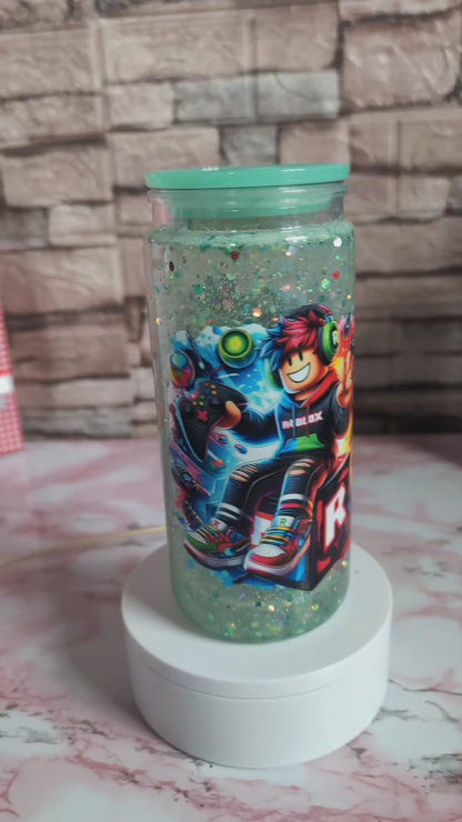 Snowglobe 20 oz Roblox gamer, paillettes holographiques flottantes, couvercle vert menthe et paille – Beauty Nini